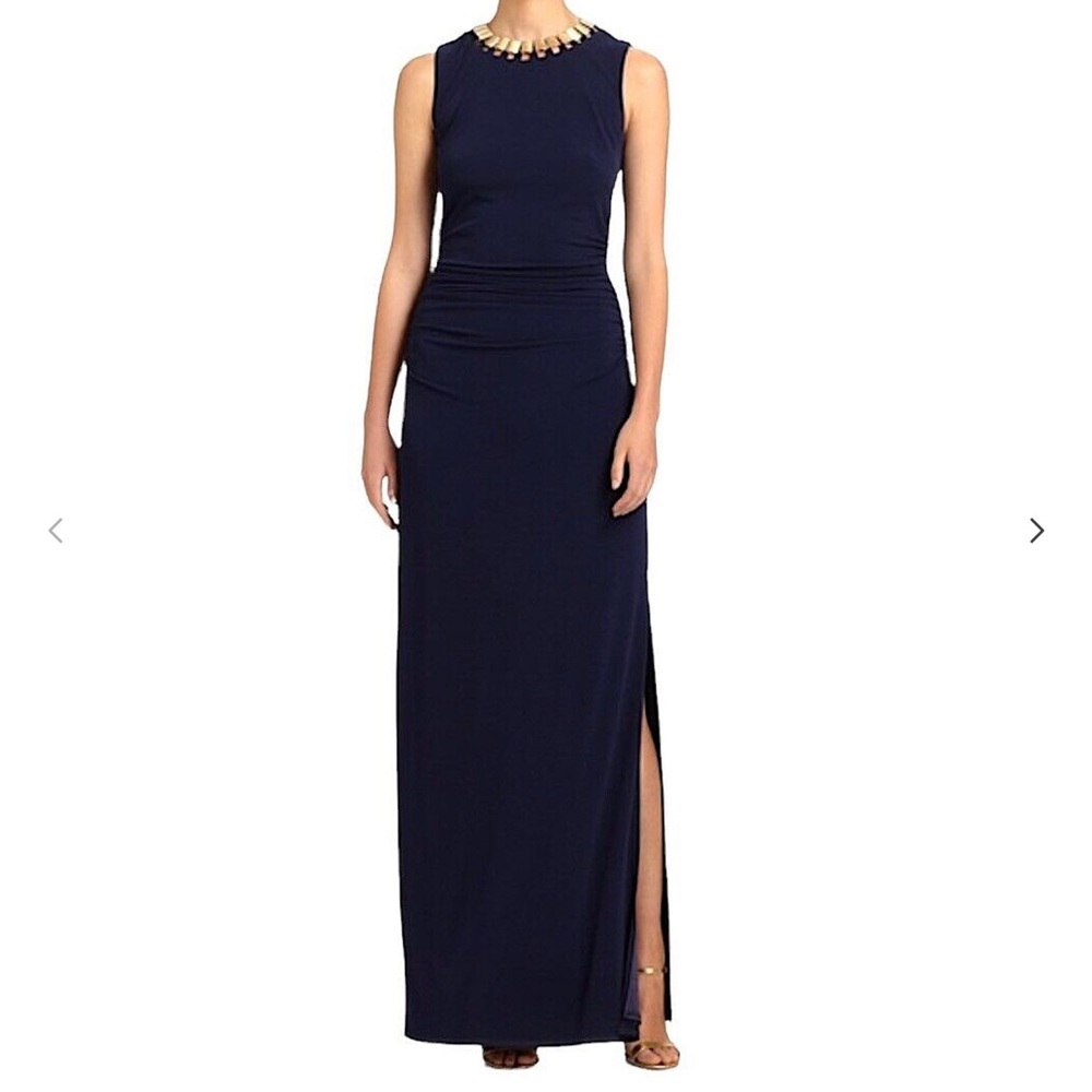 LAUNDRY BY SHELLI SEGAL BLACK SHIRRED JERSEY NECKLACE DRESS/GOWN size si… - Picture 4 of 16